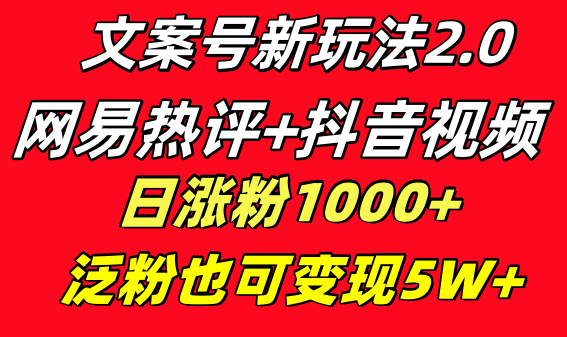 文案号新玩法 网易热评+抖音文案 一天涨粉1000+ 多种变现模式 泛粉也可变现_111创业网-互联网轻创第一站