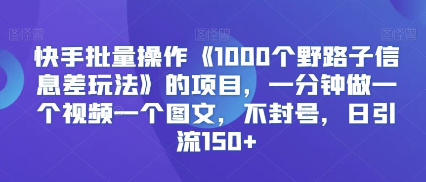 快手批量操作《1000个野路子信息差玩法》的项目，一分钟做一个视频一个图文，不封号，日引流150+【揭秘】_111创业网-互联网轻创第一站