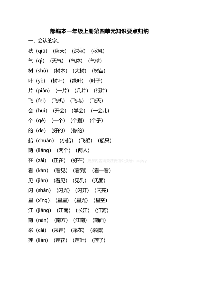一年级语文上册第四单元知识要点归纳（部编版）_111创业网-互联网轻创第一站