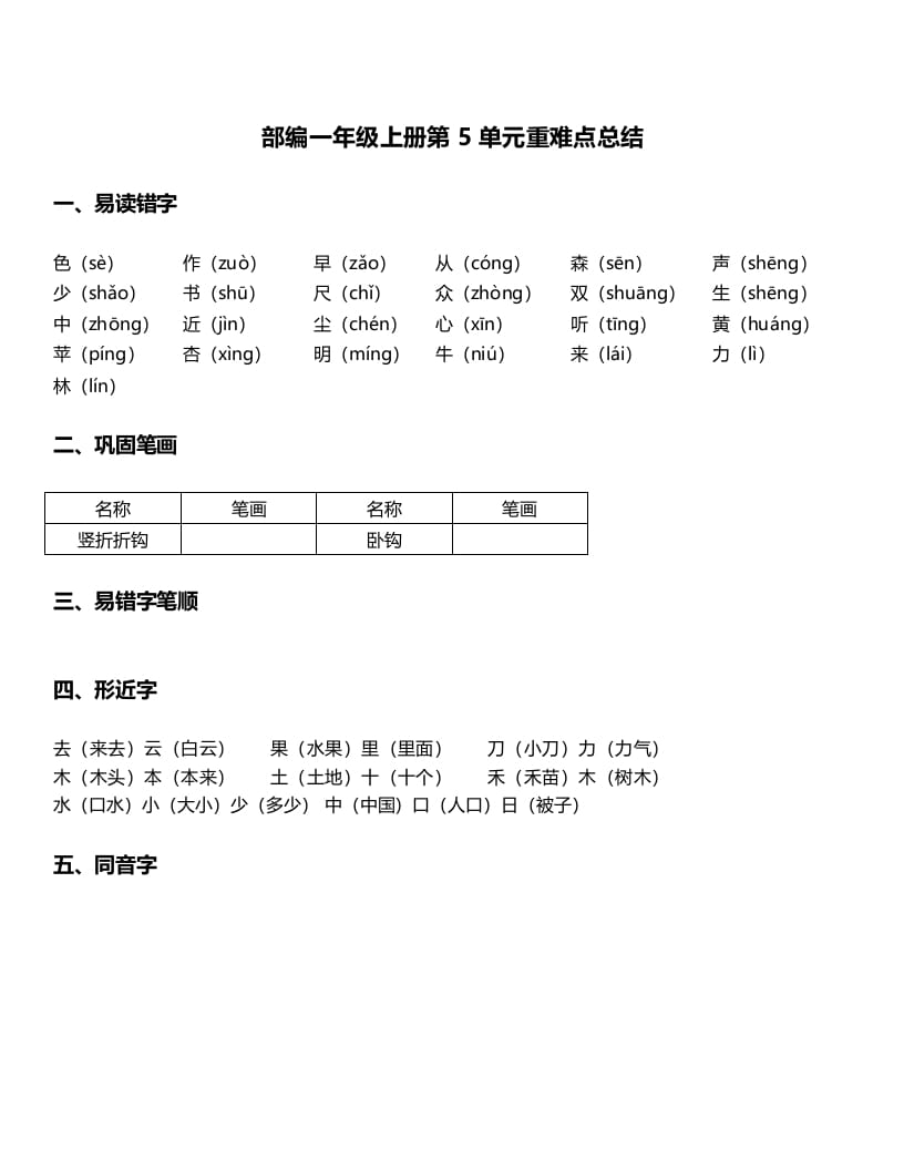 一年级语文上册-第5单元重难点知识总结（部编版）_111创业网-互联网轻创第一站