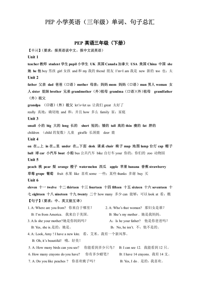 三年级英语下册复习资料-知识点总结人教（PEP）_111创业网-互联网轻创第一站